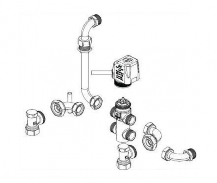 Galletti VK1S bekötőcsővel, elzárókkal komplett szelepkészlet, 3 járatú ESTRO F 1-7, FLAT 10-50, FLAT S 10-40-hez